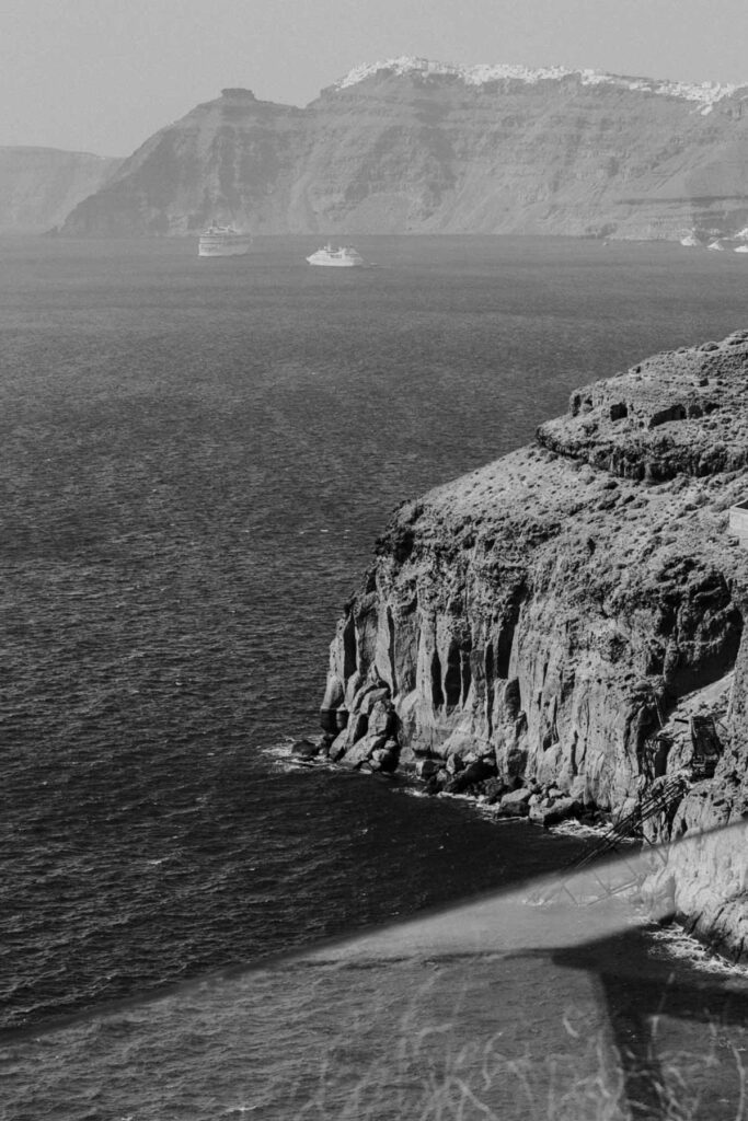 Beautiful view of caldera Santorini in wedding day with black and white film